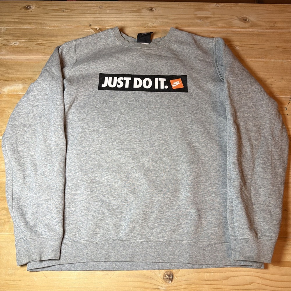 NIKE JUST DO IT Mens Pullover SWEATSHIRT SIZE L cotton gray long Sleeve‎